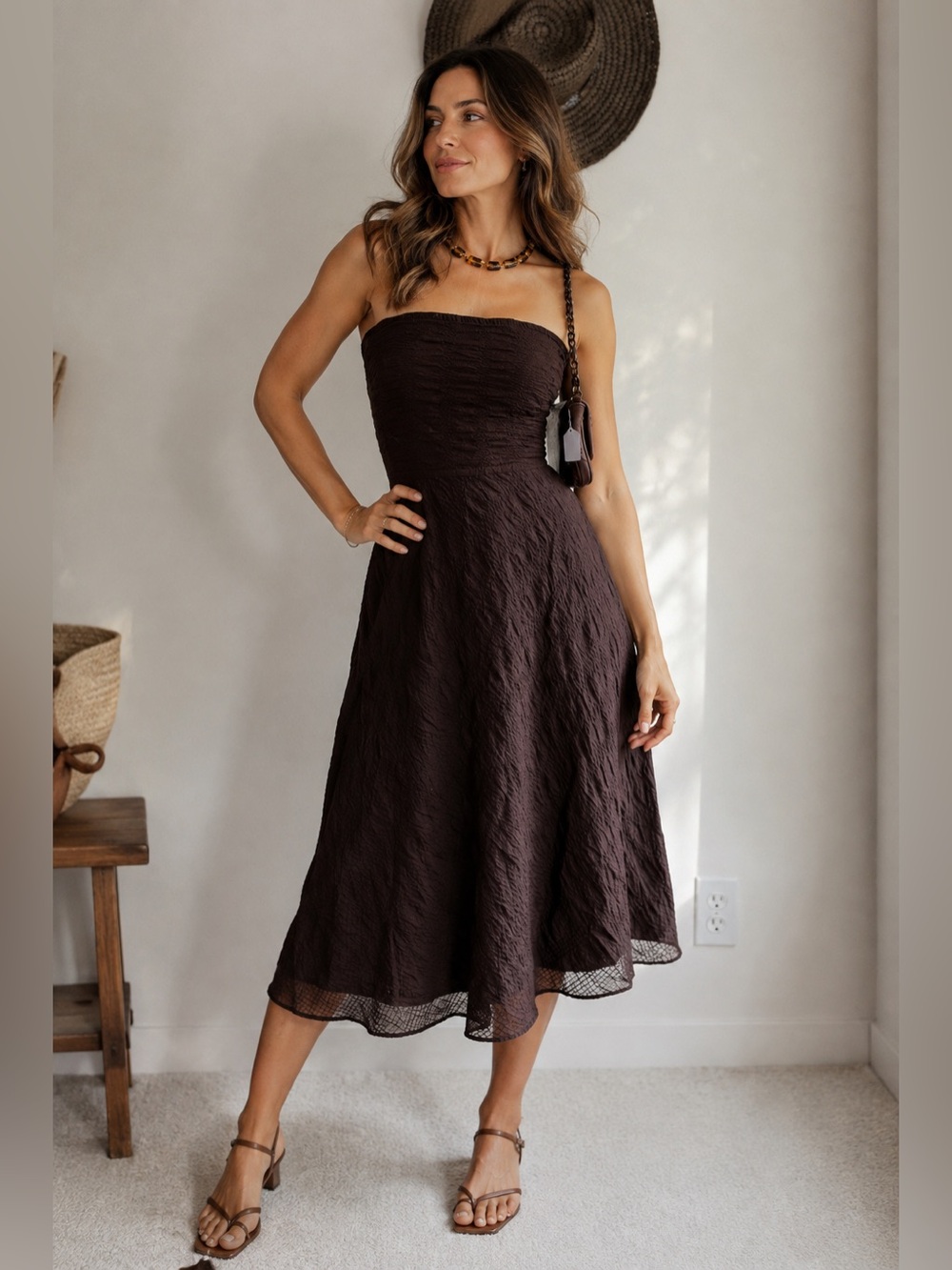 J. Crew Strapless Textured Brown A-Line Midi Dress